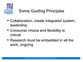 Some Guiding Principles Collaboration, create integrated system, leadership Consumer choice and flexibility is critical Research must be embedded in all the work, ongoing 