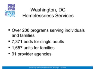 Washington, DC Homelessness Services Over 200 programs serving individuals and families 7,371 beds for single adults 1,657 units for families 91 provider agencies 