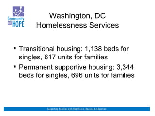 Washington, DC Homelessness Services Transitional housing: 1,138 beds for singles, 617 units for families Permanent supportive housing: 3,344 beds for singles, 696 units for families 