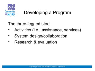 Developing a Program The three-legged stool: Activities (i.e., assistance, services) System design/collaboration Research & evaluation 
