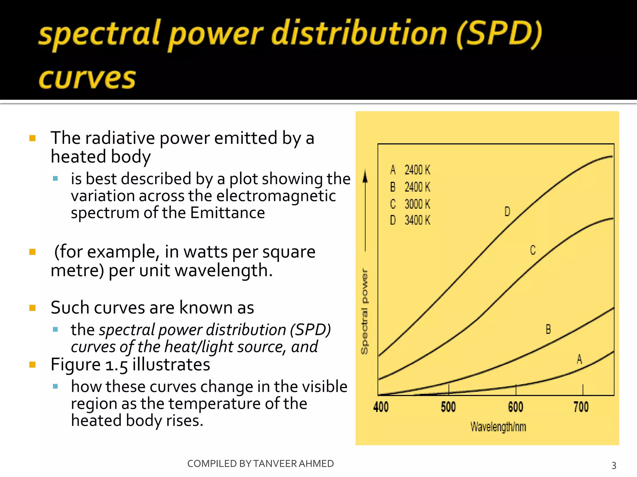    The radiative power emitted by a
    heated body
     is best described by a plot showing the
      variation across the electromagnetic
      spectrum of the Emittance

   (for example, in watts per square
    metre) per unit wavelength.
   Such curves are known as
     the spectral power distribution (SPD)
      curves of the heat/light source, and
   Figure 1.5 illustrates
     how these curves change in the visible
      region as the temperature of the
      heated body rises.

                      COMPILED BY TANVEER AHMED   3
 
