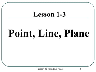 Lesson 1-3 Point, Line, Plane Lesson 1-3 Point, Line, Plane 