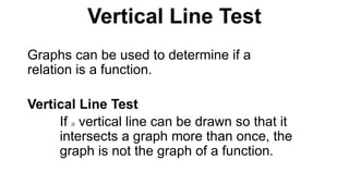 Graphs can be used to determine if a
relation is a function.
Vertical Line Test
If a vertical line can be drawn so that it
intersects a graph more than once, the
graph is not the graph of a function.
Vertical Line Test
 