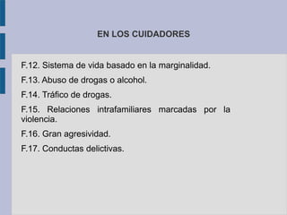 EN LOS CUIDADORES
F.12. Sistema de vida basado en la marginalidad.
F.13. Abuso de drogas o alcohol.
F.14. Tráfico de drogas.
F.15. Relaciones intrafamiliares marcadas por la
violencia.
F.16. Gran agresividad.
F.17. Conductas delictivas.
 