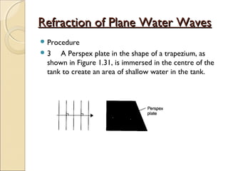 Refraction of Plane Water WavesRefraction of Plane Water Waves
 Procedure
 3 A Perspex plate in the shape of a trapezium, as
shown in Figure 1.31, is immersed in the centre of the
tank to create an area of shallow water in the tank.
 