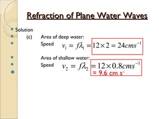 Refraction of Plane Water WavesRefraction of Plane Water Waves
 Solution
 (c) Area of deep water:
 Speed
 Area of shallow water:
 Speed
 = 9.6 cm s-1
1
11 24212 −
=×== cmsfv λ
1
22 8.012 −
×== cmsfv λ
 