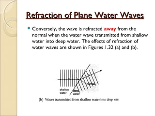 Refraction of Plane Water WavesRefraction of Plane Water Waves
 Conversely, the wave is refracted away from the
normal when the water wave transmitted from shallow
water into deep water. The effects of refraction of
water waves are shown in Figures 1.32 (a) and (b).
 