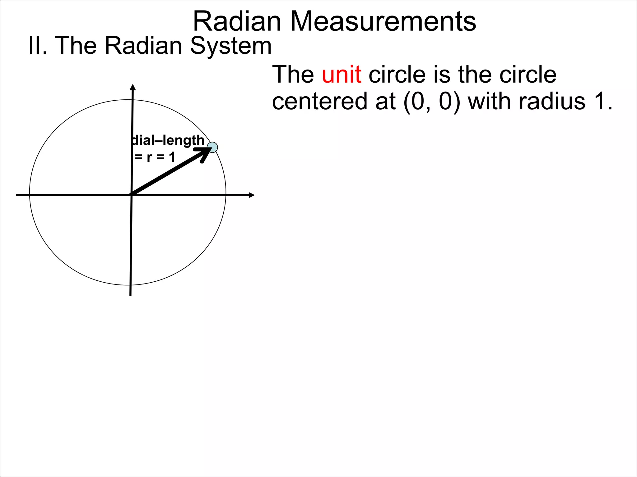 Radian Measurements 
II. The Radian System 
dial–length 
= r = 1 
The unit circle is the circle 
centered at (0, 0) with radius 1. 
 