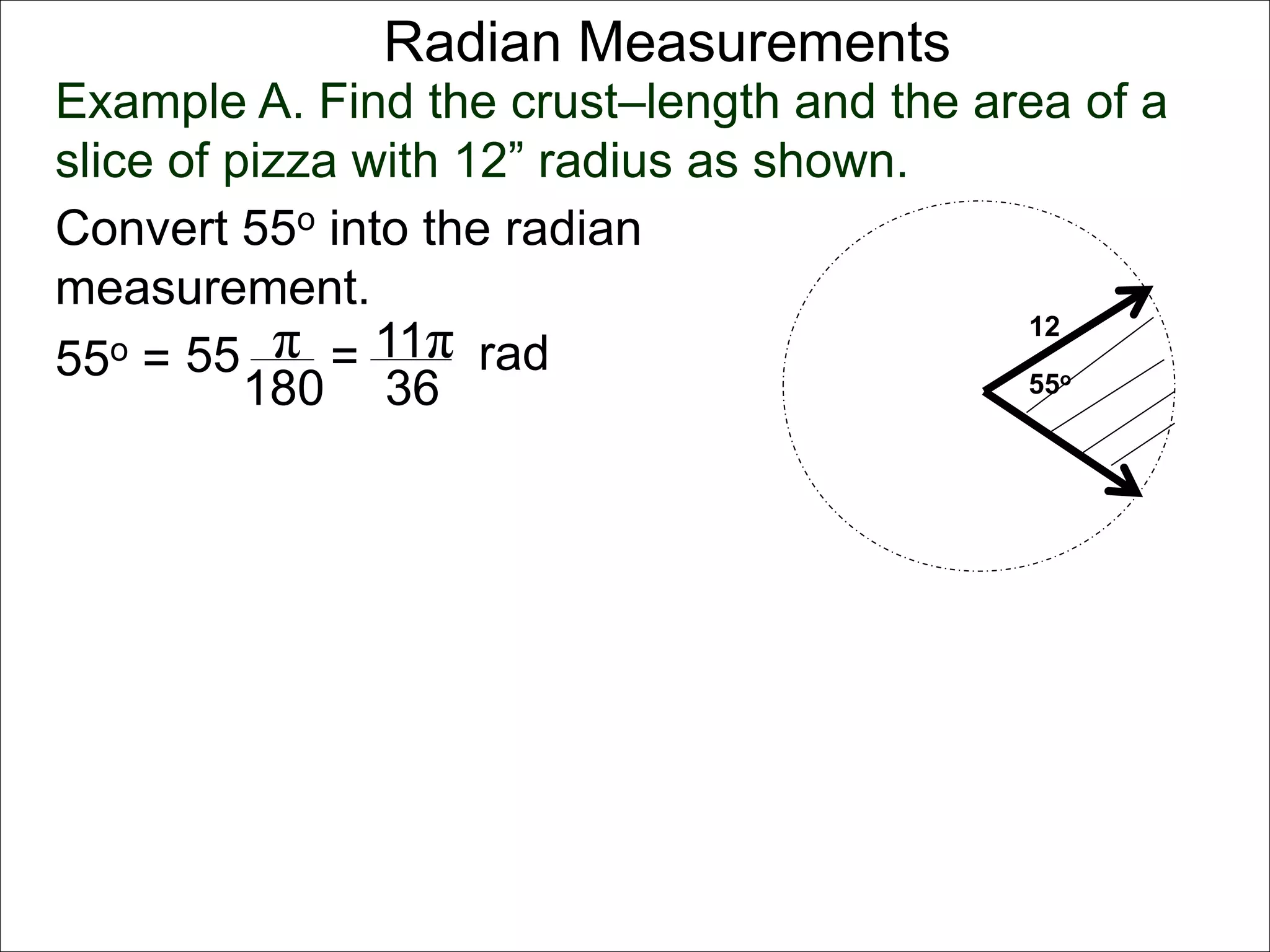 Radian Measurements 
Example A. Find the crust–length and the area of a 
slice of pizza with 12” radius as shown. 
12 
55o 
Convert 55o into the radian 
measurement. 
55o = 55 π 
rad 
180 
= 11π 
36 
 