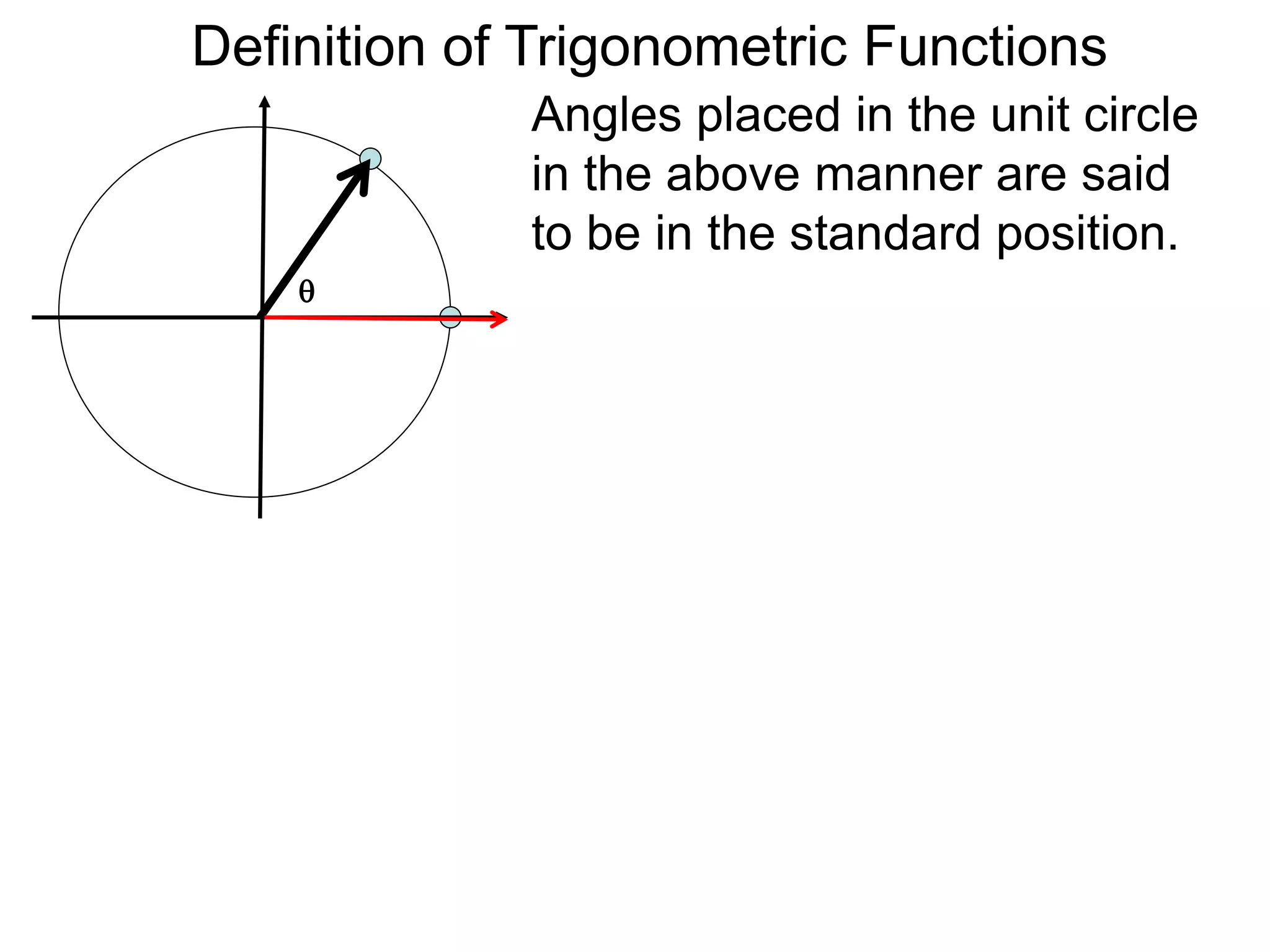 Definition of Trigonometric Functions 
Angles placed in the unit circle 
in the above manner are said 
to be in the standard position. 
 
 