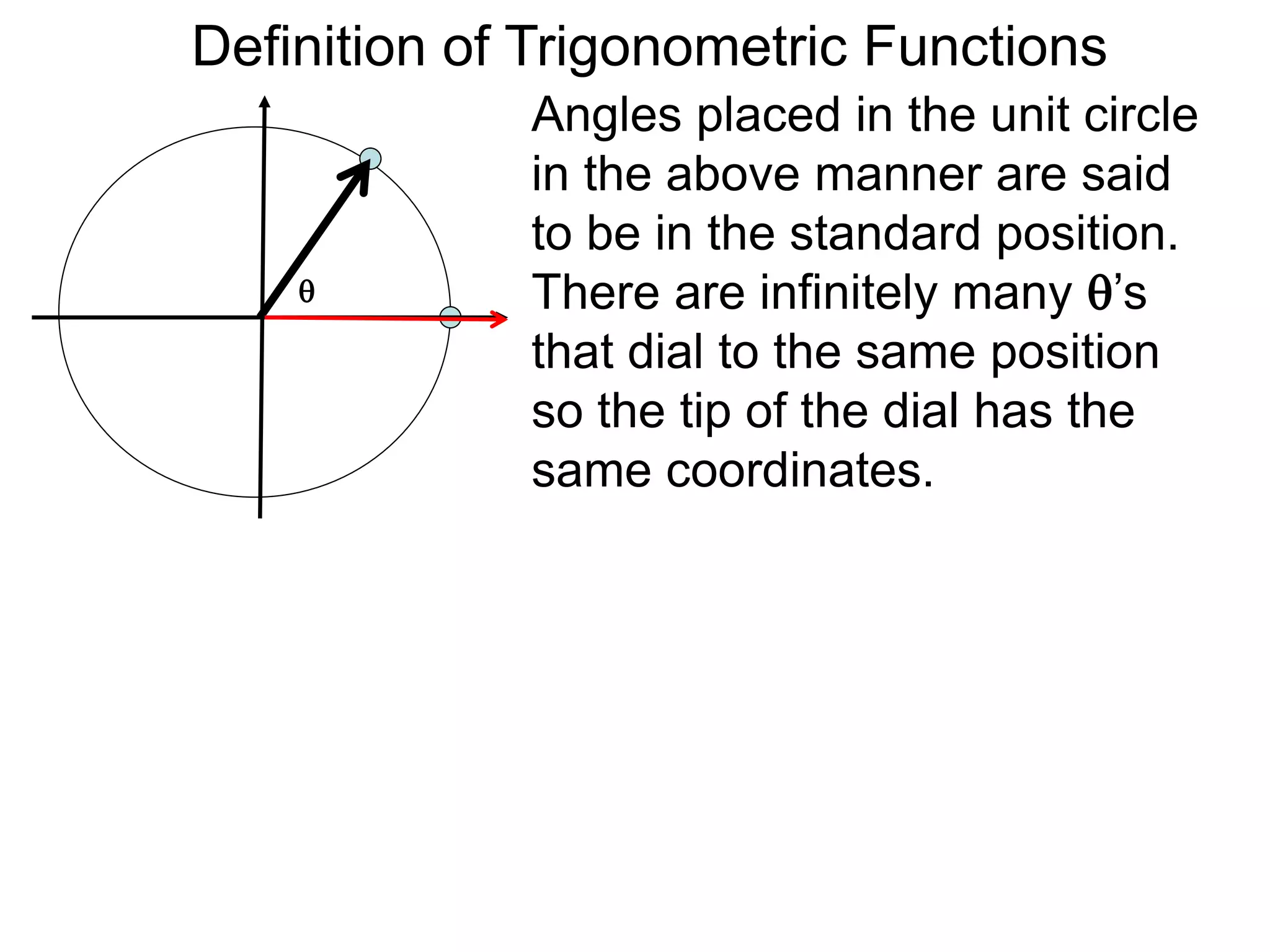 Definition of Trigonometric Functions 
Angles placed in the unit circle 
in the above manner are said 
to be in the standard position. 
There are infinitely many ’s 
that dial to the same position 
so the tip of the dial has the 
same coordinates. 
 
 