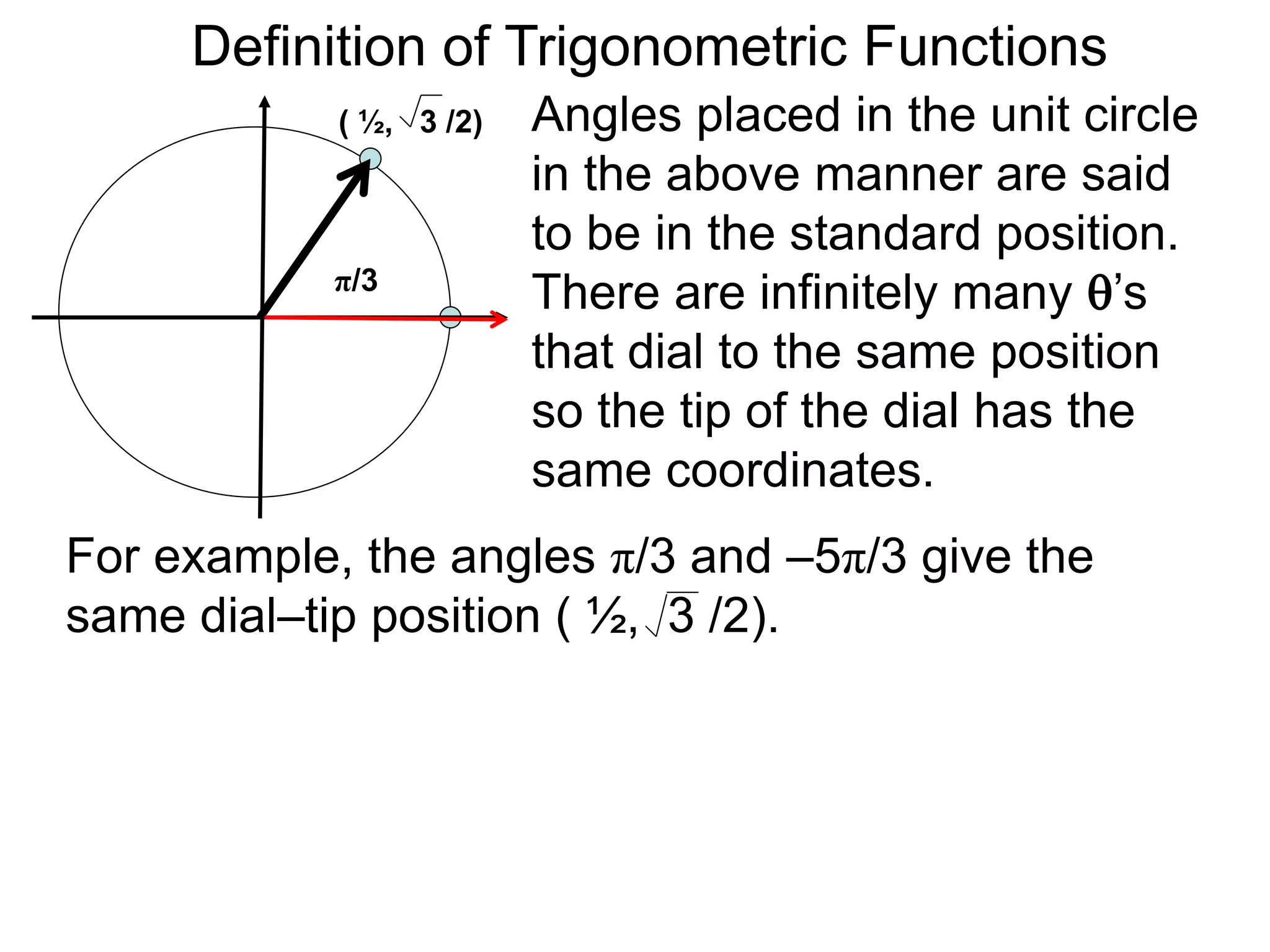 Definition of Trigonometric Functions 
Angles placed in the unit circle 
in the above manner are said 
to be in the standard position. 
There are infinitely many ’s 
that dial to the same position 
so the tip of the dial has the 
same coordinates. 
( ½, 3 /2) 
π/3 
For example, the angles π/3 and –5π/3 give the 
same dial–tip position ( ½, 3 /2). 
 