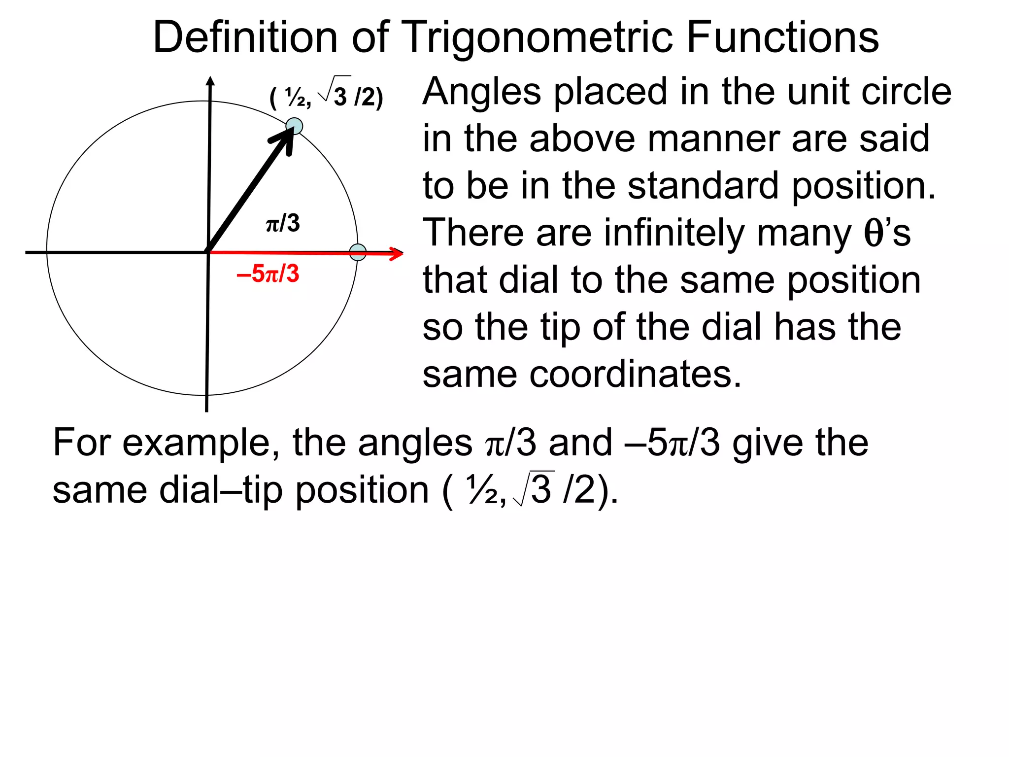 Definition of Trigonometric Functions 
Angles placed in the unit circle 
in the above manner are said 
to be in the standard position. 
There are infinitely many ’s 
that dial to the same position 
so the tip of the dial has the 
same coordinates. 
( ½, 3 /2) 
π/3 
–5π/3 
For example, the angles π/3 and –5π/3 give the 
same dial–tip position ( ½, 3 /2). 
 