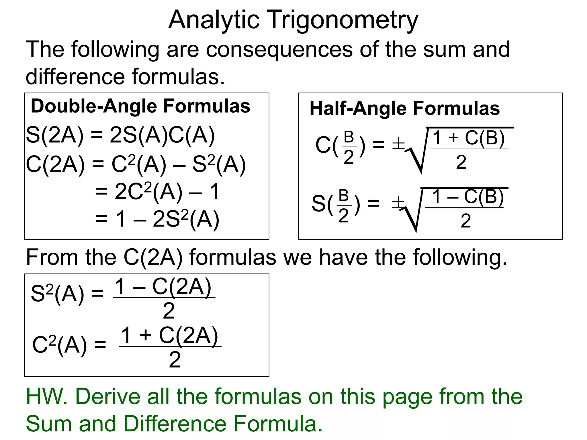 Analytic Trigonometry 
The following are consequences of the sum and 
difference formulas. 
Double-Angle Formulas 
S(2A) = 2S(A)C(A) 
C(2A) = C2(A) – S2(A) 
= 2C2(A) – 1 
= 1 – 2S2(A) 
Half-Angle Formulas 
1 + C(B) 
2 
B 
2 
C( ) = 
± 
1 – C(B) 
2 
B 
2 
S( ) = ± 
From the C(2A) formulas we have the following. 
S2(A) = 
1 – C(2A) 
2 
C2(A) = 1 + C(2A) 
2 
HW. Derive all the formulas on this page from the 
Sum and Difference Formula. 
