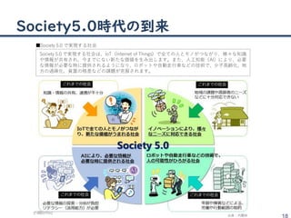 Society5.0時代の到来
18
■Society 5.0 で実現する社会
出典：内閣府
Society 5.0 で実現する社会は、IoT（Internet of Things）で全ての人とモノがつながり、様々な知識
や情報が共有され、今までにない新たな価値を生み出します。また、人工知能（AI）により、必要
な情報が必要な時に提供されるようになり、ロボットや自動走行車などの技術で、少子高齢化、地
方の過疎化、貧富の格差などの課題が克服されます。
 
