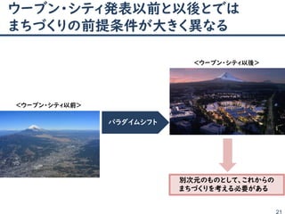 ウーブン・シティ発表以前と以後とでは
まちづくりの前提条件が大きく異なる
21
パラダイムシフト
＜ウーブン・シティ以前＞
＜ウーブン・シティ以後＞
別次元のものとして、これからの
まちづくりを考える必要がある
 
