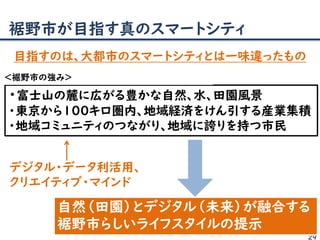 裾野市が目指す真のスマートシティ
29
・富士山の麓に広がる豊かな自然、水、田園風景
・東京から100キロ圏内、地域経済をけん引する産業集積
・地域コミュニティのつながり、地域に誇りを持つ市民
デジタル・データ利活用、
クリエイティブ・マインド
自然„田園‟とデジタル„未来‟が融合する
裾野市らしいライフスタイルの提示
＜裾野市の強み＞
目指すのは、大都市のスマートシティとは一味違ったもの
 