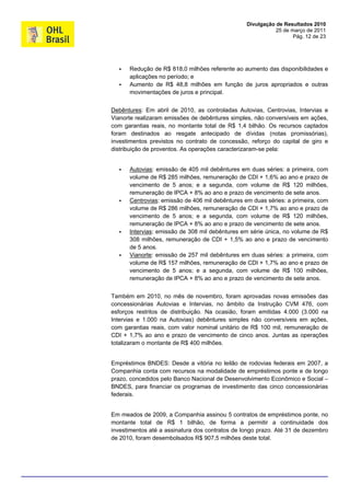 Divulgação de Resultados 2010
                                                            25 de março de 2011
                                                                   Pág. 12 de 23




     Redução de R$ 818,0 milhões referente ao aumento das disponibilidades e
      aplicações no período; e
     Aumento de R$ 48,8 milhões em função de juros apropriados e outras
      movimentações de juros e principal.


Debêntures: Em abril de 2010, as controladas Autovias, Centrovias, Intervias e
Vianorte realizaram emissões de debêntures simples, não conversíveis em ações,
com garantias reais, no montante total de R$ 1,4 bilhão. Os recursos captados
foram destinados ao resgate antecipado de dívidas (notas promissórias),
investimentos previstos no contrato de concessão, reforço do capital de giro e
distribuição de proventos. As operações caracterizaram-se pela:


     Autovias: emissão de 405 mil debêntures em duas séries: a primeira, com
      volume de R$ 285 milhões, remuneração de CDI + 1,6% ao ano e prazo de
      vencimento de 5 anos; e a segunda, com volume de R$ 120 milhões,
      remuneração de IPCA + 8% ao ano e prazo de vencimento de sete anos.
     Centrovias: emissão de 406 mil debêntures em duas séries: a primeira, com
      volume de R$ 286 milhões, remuneração de CDI + 1,7% ao ano e prazo de
      vencimento de 5 anos; e a segunda, com volume de R$ 120 milhões,
      remuneração de IPCA + 8% ao ano e prazo de vencimento de sete anos.
     Intervias: emissão de 308 mil debêntures em série única, no volume de R$
      308 milhões, remuneração de CDI + 1,5% ao ano e prazo de vencimento
      de 5 anos.
     Vianorte: emissão de 257 mil debêntures em duas séries: a primeira, com
      volume de R$ 157 milhões, remuneração de CDI + 1,7% ao ano e prazo de
      vencimento de 5 anos; e a segunda, com volume de R$ 100 milhões,
      remuneração de IPCA + 8% ao ano e prazo de vencimento de sete anos.


Também em 2010, no mês de novembro, foram aprovadas novas emissões das
concessionárias Autovias e Intervias, no âmbito da Instrução CVM 476, com
esforços restritos de distribuição. Na ocasião, foram emitidas 4.000 (3.000 na
Intervias e 1.000 na Autovias) debêntures simples não conversíveis em ações,
com garantias reais, com valor nominal unitário de R$ 100 mil, remuneração de
CDI + 1,7% ao ano e prazo de vencimento de cinco anos. Juntas as operações
totalizaram o montante de R$ 400 milhões.


Empréstimos BNDES: Desde a vitória no leilão de rodovias federais em 2007, a
Companhia conta com recursos na modalidade de empréstimos ponte e de longo
prazo, concedidos pelo Banco Nacional de Desenvolvimento Econômico e Social –
BNDES, para financiar os programas de investimento das cinco concessionárias
federais.


Em meados de 2009, a Companhia assinou 5 contratos de empréstimos ponte, no
montante total de R$ 1 bilhão, de forma a permitir a continuidade dos
investimentos até a assinatura dos contratos de longo prazo. Até 31 de dezembro
de 2010, foram desembolsados R$ 907,5 milhões deste total.
 