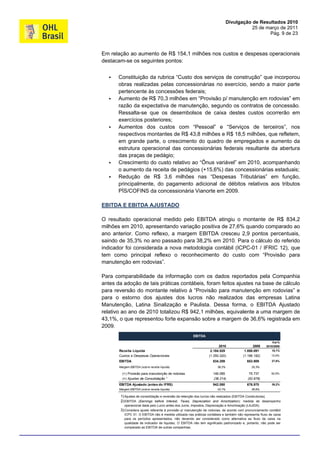 Divulgação de Resultados 2010
                                                                                          25 de março de 2011
                                                                                                 Pág. 9 de 23



Em relação ao aumento de R$ 154,1 milhões nos custos e despesas operacionais
destacam-se os seguintes pontos:


      Constituição da rubrica “Custo dos serviços de construção” que incorporou
       obras realizadas pelas concessionárias no exercício, sendo a maior parte
       pertencente às concessões federais;
      Aumento de R$ 70,3 milhões em “Provisão p/ manutenção em rodovias” em
       razão da expectativa de manutenção, segundo os contratos de concessão.
       Ressalta-se que os desembolsos de caixa destes custos ocorrerão em
       exercícios posteriores;
      Aumentos dos custos com “Pessoal” e “Serviços de terceiros”, nos
       respectivos montantes de R$ 43,8 milhões e R$ 18,5 milhões, que refletem,
       em grande parte, o crescimento do quadro de empregados e aumento da
       estrutura operacional das concessionárias federais resultante da abertura
       das praças de pedágio;
      Crescimento do custo relativo ao “Ônus variável” em 2010, acompanhando
       o aumento da receita de pedágios (+15,6%) das concessionárias estaduais;
      Redução de R$ 3,6 milhões nas “Despesas Tributárias” em função,
       principalmente, do pagamento adicional de débitos relativos aos tributos
       PÌS/COFINS da concessionária Vianorte em 2009.

EBITDA E EBITDA AJUSTADO

O resultado operacional medido pelo EBITDA atingiu o montante de R$ 834,2
milhões em 2010, apresentando variação positiva de 27,6% quando comparado ao
ano anterior. Como reflexo, a margem EBITDA cresceu 2,9 pontos percentuais,
saindo de 35,3% no ano passado para 38,2% em 2010. Para o cálculo do referido
indicador foi considerada a nova metodologia contábil (ICPC-01 / IFRIC 12), que
tem como principal reflexo o reconhecimento do custo com “Provisão para
manutenção em rodovias”.

Para comparabilidade da informação com os dados reportados pela Companhia
antes da adoção de tais práticas contábeis, foram feitos ajustes na base de cálculo
para reversão do montante relativo à “Provisão para manutenção em rodovias” e
para o estorno dos ajustes dos lucros não realizados das empresas Latina
Manutenção, Latina Sinalização e Paulista. Dessa forma, o EBITDA Ajustado
relativo ao ano de 2010 totalizou R$ 942,1 milhões, equivalente a uma margem de
43,1%, o que representou forte expansão sobre a margem de 36,6% registrada em
2009.
                                                       EBITDA
                                                                                                           Var%
                                                                        2010                  2009     2010/2009
       Receita Líquida                                             2.184.529             1.850.091         18,1%
       Custos e Despesas Operacionais                             (1.350.320)           (1.196.182)        12,9%

       EBITDA                                                       834.209                653.909         27,6%

       Margem EBITDA (sobre receita líquida)                           38,2%                  35,3%

         (+) Provisão para manutenção de rodovias                   146.085                 75.737         92,9%
         (+) Ajustes de Consolidação ¹                              (38.214)               (52.676)
       EBITDA Ajustado (antes do IFRS)                              942.080                676.970         39,2%
       Margem EBITDA (sobre receita líquida)                           43,1%                  36,6%

        1) Ajustes de consolidação e reversão da retenção dos lucros não realizados (EBITDA Construtoras).
        2) EBITDA (Earnings before Interest, Taxes, Depreciation and Amortization): medida de desempenho
          operacional dada pelo Lucro antes dos Juros, Impostos, Depreciação e Amortização (LAJIDA).
        3) Considera ajuste referente à provisão p/ manutenção de rodovias, de acordo com pronunciamento contábil
          ICPC 01. O EBITDA não é medida utilizada nas práticas contábeis e também não representa fluxo de caixa
          para os períodos apresentados, não devendo ser considerado como alternativa ao fluxo de caixa na
          qualidade de indicador de liquidez. O EBITDA não tem significado padronizado e, portanto, não pode ser
          comparado ao EBITDA de outras companhias.
 