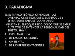 B. PARADIGMAES EL MARCO TEÓRICO, CRRENCIAS,  LAS ORIENTACIONES TEÓRICAS O EL ENFOQUE Y ESTRATEGIAS PARA ESTUDIAR  ALGO.IMPLICAN EL ENFOQUE PSICOLÓGICO QUE SE SIGUE AL TRATAR DE ENTENDER LA PERSONALIDAD DEL SUJETO,  HAY 4:PSICOANALÍTICADE LAS DISPOSICIONESAMBIENTALDE LAS REPRESENTACIONES