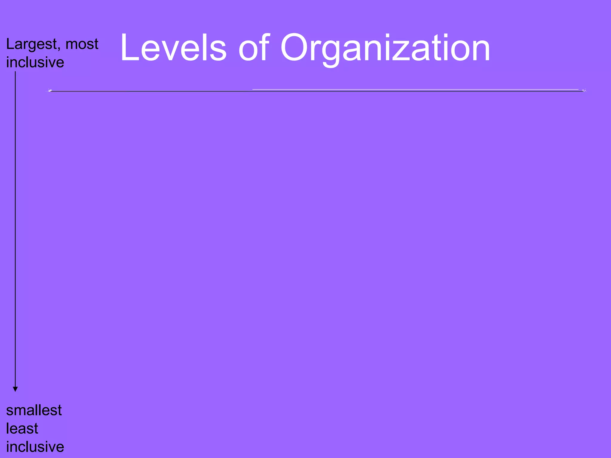 Levels of Organization Biosphere Ecosystem Community Population The part of Earth that contains all ecosystems Community and  its nonliving  surroundings Populations that live together in a  defined area Group of  organisms of one type that live in  the same area Biosphere Hawk, snake, bison, prairie dog, grass, stream, rocks, air Hawk, snake, bison, prairie dog, grass Bison herd Largest, most inclusive smallestleast inclusive 
