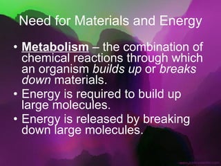Need for Materials and Energy Metabolism  – the combination of chemical reactions through which an organism  builds up  or  breaks down  materials. Energy is required to build up large molecules. Energy is released by breaking down large molecules. 