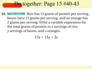 Do together: Page 15 #40-43 13x + 15y + 2z 