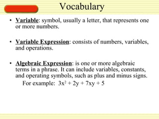 Variable : symbol, usually a letter, that represents one or more numbers. Variable Expression : consists of numbers, variables, and operations.  Algebraic Expression : is one or more algebraic terms in a phrase. It can include variables, constants, and operating symbols, such as plus and minus signs.  For example:  3x 2  + 2y + 7xy + 5 Vocabulary 