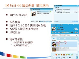 IM 后台 4.0 通信系 段成果统 阶
 历时 2+ 年完成
 多点登录
 支持 5 至 10 个 例同 在亿 实 时 线
 方便接入微信等多种业务
 区域自治
 高可 性运维
 物理架 到机架构详细
 故障分析智能化
 
