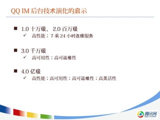 QQ IM 后台技 演化的 示术 启
 1.0 十万 、级 2.0 百万级
 高性能； 7 乘 24 小 服时连续 务
 3.0 千万级
 高可用性；高可 性运维
 4.0 亿级
 高性能；高可用性；高可 性；高 活性运维 灵
 
