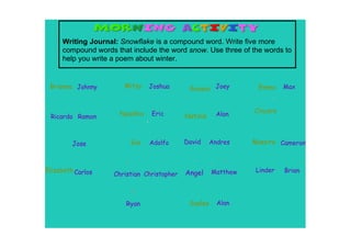 Writing Journal: Snowflake is a compound word. Write five more 
     compound words that include the word snow. Use three of the words to 
     help you write a poem about winter.


 Brianna Johnny        Mitzy    Joshua       Roxana Joey         Emma     Max



                      Nyashia   Eric                   Alan
                                                                Cincere
 Ricardo Ramon                              Natalie



         Jose            Gia    Adolfo      David     Andres    Massire Cameron



Elizabeth Carlos                            Angel     Matthew    Linder   Brian
                    Christian Christopher



                        Ryan                 Sualee     Alan
 