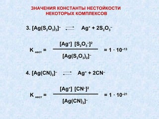 ЗНАЧЕНИЯ КОНСТАНТЫ НЕСТОЙКОСТИ
       НЕКОТОРЫХ КОМПЛЕКСОВ


3. [Ag(S2O3)2]–          Ag+ + 2S2O3–


                [Ag+] [S2O3–]2
 K нест =                        = 1 · 10–13
                  [Ag(S2O3)2]–


4. [Ag(CN)2]–           Ag+ + 2CN–


                [Ag+] [CN–]2
 K нест =                        = 1 · 10–21
                  [Ag(CN)2]–
 