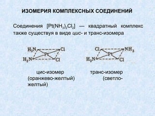 ИЗОМЕРИЯ КОМПЛЕКСНЫХ СОЕДИНЕНИЙ

Соединения [Pt(NH3)2Cl2] — квадратный комплекс
также существуя в виде цис- и транс-изомера




        цис-изомер         транс-изомер
     (оранжево-желтый)          (светло-
     желтый)
 