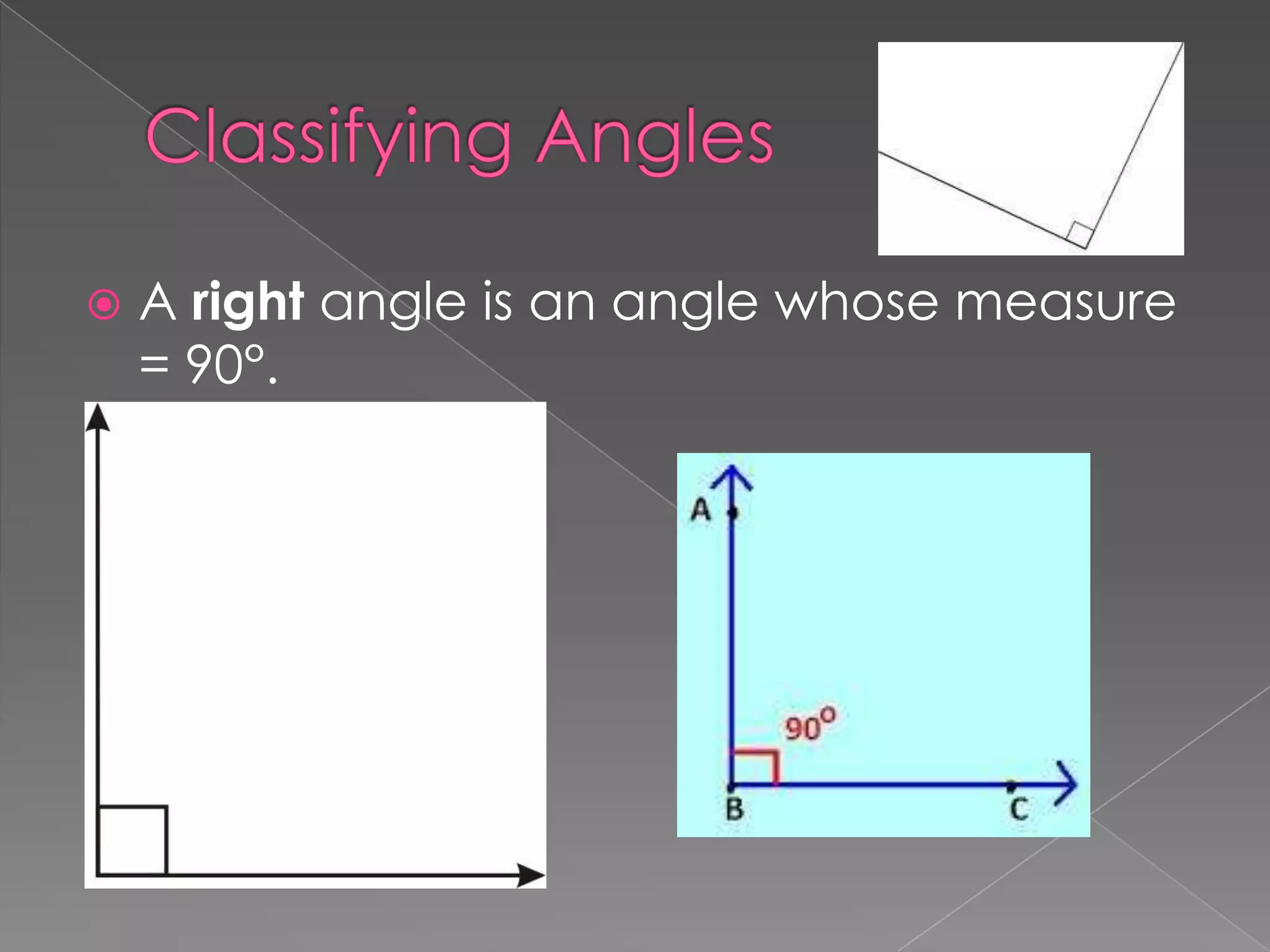    A right angle is an angle whose measure
    = 90°.
 