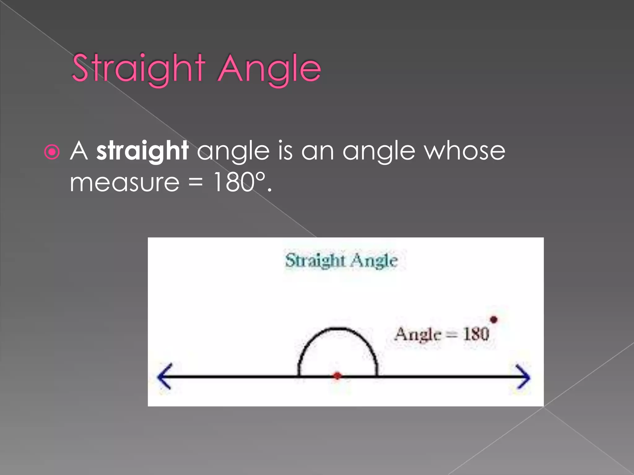    A straight angle is an angle whose
    measure = 180°.
 