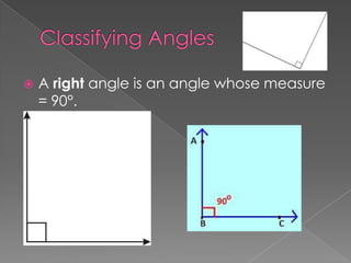    A right angle is an angle whose measure
    = 90°.
 