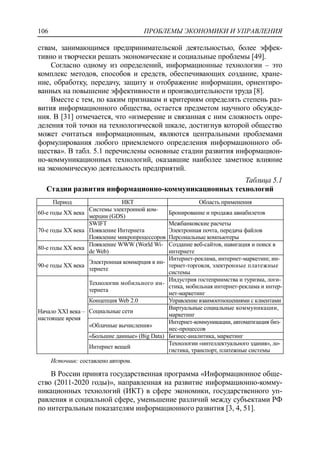 ПРОБЛЕМЫ ЭКОНОМИКИ И УПРАВЛЕНИЯ106
ствам, занимающимся предпринимательской деятельностью, более эффек-
тивно и творчески решать экономические и социальные проблемы [49].
Согласно одному из определений, информационные технологии – это
комплекс методов, способов и средств, обеспечивающих создание, хране-
ние, обработку, передачу, защиту и отображение информации, ориентиро-
ванных на повышение эффективности и производительности труда [8].
Вместе с тем, по каким признакам и критериям определять степень раз-
вития информационного общества, остается предметом научного обсужде-
ния. В [31] отмечается, что «измерение и связанная с ним сложность опре-
деления той точки на технологической шкале, достигнув которой общество
может считаться информационным, являются центральными проблемами
формулирования любого приемлемого определения информационного об-
щества». В табл. 5.1 перечислены основные стадии развития информацион-
но-коммуникационных технологий, оказавшие наиболее заметное влияние
на экономическую деятельность предприятий.
Таблица 5.1
Стадии развития информационно-коммуникационных технологий
Период ИКТ Область применения
60-е годы ХХ века
Системы электронной ком-
мерции (GDS)
Бронирование и продажа авиабилетов
70-е годы ХХ века
SWIFT
Появление Интернета
Появление микропроцессоров
Межбанковские расчеты
Электронная почта, передача файлов
Персональные компьютеры
80-е годы ХХ века
Появление WWW (World Wi-
de Web)
Создание веб-сайтов, навигация и поиск в
интернете
90-е годы ХХ века
Электронная коммерция в ин-
тернете
Интернет-реклама, интернет-маркетинг, ин-
тернет-торговля, электронные платежные
системы
Начало XXI века –
настоящее время
Технологии мобильного ин-
тернета
Индустрия гостеприимства и туризма, логи-
стика, мобильная интернет-реклама и интер-
нет-маркетинг
Концепция Web 2.0 Управление взаимоотношениями с клиентами
Социальные сети
Виртуальные социальные коммуникации,
маркетинг
«Облачные вычисления»
Интернет-коммуникации, автоматизация биз-
нес-процессов
«Большие данные» (Big Data) Бизнес-аналитика, маркетинг
Интернет вещей
Технологии «интеллектуального здания», ло-
гистика, транспорт, платежные системы
Источник: составлено автором.
В России принята государственная программа «Информационное обще-
ство (2011-2020 годы)», направленная на развитие информационно-комму-
никационных технологий (ИКТ) в сфере экономики, государственного уп-
равления и социальной сфере, уменьшение различий между субъектами РФ
по интегральным показателям информационного развития [3, 4, 51].
 