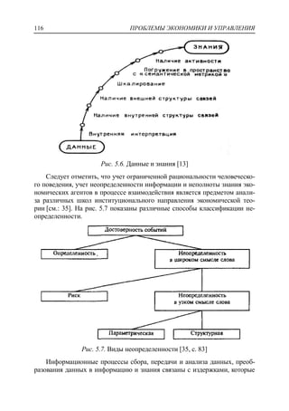 ПРОБЛЕМЫ ЭКОНОМИКИ И УПРАВЛЕНИЯ116
Рис. 5.6. Данные и знания [13]
Следует отметить, что учет ограниченной рациональности человеческо-
го поведения, учет неопределенности информации и неполноты знания эко-
номических агентов в процессе взаимодействия является предметом анали-
за различных школ институционального направления экономической тео-
рии [см.: 35]. На рис. 5.7 показаны различные способы классификации не-
определенности.
Рис. 5.7. Виды неопределенности [35, с. 83]
Информационные процессы сбора, передачи и анализа данных, преоб-
разования данных в информацию и знания связаны с издержками, которые
 