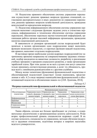 ГЛАВА 6. Роль кадровой службы в реабилитации профессионального уровня 145
10. Подсистема правового обеспечения системы управления персона-
лом осуществляет: решение правовых вопросов трудовых отношений, со-
гласование распорядительных и иных документов по управлению персона-
лом, решение правовых вопросов хозяйственной деятельности, проведение
консультаций по юридическим вопросам.
11. Подсистема информационного обеспечения системы управления пер-
соналом выполняет следующие функции: ведение учета и статистики пер-
сонала, информационное и техническое обеспечение системы управления
персоналом, обеспечение персонала научно-технической информацией, ор-
ганизация работы органов массовой информации организации, проведение
патентно-лицензионной деятельности.
В зависимости от размеров организаций состав подразделений будет
меняться: в мелких организациях одно подразделение может выполнять
функции нескольких подсистем, а в крупных функции каждой подсистемы,
как правило, выполняет отдельное подразделение.
В настоящее время наибольшие усилия кадровых подразделений (по за-
траченному времени) направлены на совершенствование трудовых отноше-
ний, подбор кандидатов на вакантные должности, разработку и реализацию
учебных программ и программ социального развития, а также организацию
заработной платы. При этом далеко не во всех случаях они могут самостоя-
тельно принимать соответствующие решения, а делят эту обязанность, пре-
жде всего с линейными руководителями и с другими службами.
Между всеми элементами (функциями) функциональной подсистемы и
обеспечивающей подсистемой существует тесная взаимосвязь, представ-
ленная в табл. 6.2 в виде матрицы взаимодействия функциональной и обес-
печивающей подсистем и обозначенная знаком «х» [Л.И. Лукичева, 2014].
Таблица 6.2
Матрица взаимодействия функциональной и обеспечивающей подсистем
Обеспечивающие
подсистемы
Функциональная подсистема
Управление подго-
товкой и формиро-
ванием кадров
Управление рас-
становкой и дви-
жением кадров
Управление
использованием
персонала
Управление соци-
ально-психологиче-
скими факторами
Информационная х х х х
Правовая х х х х
Финансовая х х х х
Социально-психо-
логическая
х х х х
Таким образом, сегодня все больше преобладают не учетные, а содер-
жательные аналитические и организационные аспекты деятельности. Резко
возрос профессиональный уровень специалистов кадровых служб. В их
составе психологи, специалисты по управлению, методам обучения (педаго-
ги) и трудовым отношениям, подготовка которых в широких масштабах
ведется в университетах.
 