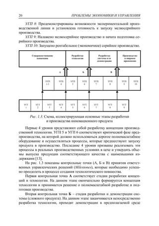 ПРОБЛЕМЫ ЭКОНОМИКИ И УПРАВЛЕНИЯ20
УГП 8: Продемонстрированы возможности экспериментальной произ-
водственной линии и установлена готовность к запуску мелкосерийного
производства.
УГП 9: Налажено мелкосерийное производство и начата подготовка се-
рийного производства.
УГП 10: Запущено рентабельное (экономичное) серийное производство.
Рис. 1.3. Схема, иллюстрирующая основные этапы разработки
и производства инновационного продукта
Первые 4 уровня представляют собой разработку концепции производ-
ственной технологии. УГП 5 и УГП 6 соответствуют критической фазе пред-
производства, на которой должно использоваться дорогое полномасштабное
оборудование и осуществляться процессы, которые предшествуют запуску
продукта в производство. Последние 4 уровня призваны реализовать эти
процессы в реальных производственных условиях в цехе и утвердить объе-
мы выпуска продукции соответствующего качества с наименьшими из-
держками [13].
На рис. 1.3 показаны контрольные точки (А, Б и В) принятия ответст-
венных управленческих решений (Milestones), которые необходимо успеш-
но преодолеть в процессе создания технологического новшества.
Первая контрольная точка А соответствует стадии разработки концеп-
ций и технологии. На данном этапе окончательно формируется концепция
технологии и принимается решение о полномасштабной разработке и под-
готовки производства.
Вторая контрольная точка Б – стадия разработки и демонстрации сис-
темы (сложного продукта). На данном этапе заканчивается непосредственно
разработка технологии, проходят демонстрации в предполагаемой среде
УГТ
1
УГТ
2
УГТ
3
УГТ
4
УГТ
5
УГТ
6
УГТ
7
УГТ
8
УГТ
9
УГП
1-3
УГП
4
УГП
5
УГП
8
УГП
7
УГП
6
УГП
10
УГП
9
Совершенствование
концепции
Разработка
технологии
Разработка
системы и ее
демонстрация
Производство
и широкое
применение
А Б В
 