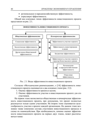 ПРОБЛЕМЫ ЭКОНОМИКИ И УПРАВЛЕНИЯ40
 региональную и народнохозяйственную эффективность;
 отраслевую эффективность.
Общий вид ключевых типов эффективности инвестиционного проекта
представлен на рис. 2.1.
Рис. 2.1. Виды эффективности инвестиционного проекта
Согласно «Методическим рекомендациям...» [14] эффективность инве-
стиционного проекта оценивается в два основных этапа (рис. 2.2):
1. Оценка эффективности проекта в целом;
2. Оценка эффективности участия в инвестиционном проекте для его
участников.
На первом этапе вычисляются общественная и коммерческая эффектив-
ность инвестиционного проекта, при допущении, что проект полностью
реализуется только одним участником. На втором этапе оценивается целе-
сообразность участия в проекте каждой организации. На данном этапе воз-
можно также изменение состава участников инвестиционного процесса и
схемы их взаимодействия. При необходимости, помимо оценки эффектив-
ности инвестиционного проекта на первых двух этапах, может рассчиты-
ваться также:
ЭФФЕКТИВНОСТЬ ИНВЕСТИЦИОННОГО ПРОЕКТА
Общественная эффективность Коммерческая эффективность
Эффективность участия в проекте
структур более высокого уровня
Экологическая эффективность
Другие виды общественной
эффективности
Эффективность участия в проекте
Эффективность инвестирования
в акции
Социальная эффективность
Бюджетная эффективность
Региональная
и народнохозяйственная
эффективность
Отраслевая
эффективность
 