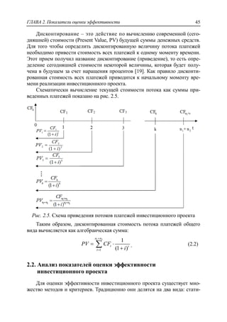 ГЛАВА 2. Показатели оценки эффективности 45
Дисконтирование – это действие по вычислению современной (сего-
дняшней) стоимости (Present Value, PV) будущей суммы денежных средств.
Для того чтобы определить дисконтированную величину потока платежей
необходимо привести стоимость всех платежей к одному моменту времени.
Этот прием получил название дисконтирование (приведение), то есть опре-
деление сегодняшней стоимости некоторой величины, которая будет полу-
чена в будущем за счет наращения процентов [19]. Как правило дисконти-
рованная стоимость всех платежей приводится к начальному моменту вре-
мени реализации инвестиционного проекта.
Схематически вычисление текущей стоимости потока как суммы при-
веденных платежей показано на рис. 2.5.
Рис. 2.5. Схема приведения потоков платежей инвестиционного проекта
Таким образом, дисконтированная стоимость потока платежей общего
вида вычисляется как алгебраическая сумма:
1 2
1
1
(1 )
n n
t t
t
PV CF
i


 

 . (2.2)
2.2. Анализ показателей оценки эффективности
инвестиционного проекта
Для оценки эффективности инвестиционного проекта существует мно-
жество методов и критериев. Традиционно они делятся на два вида: стати-
 