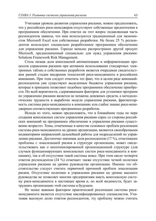 ГЛАВА 3. Развитие системы управления рисками 63
Учитывая уровень развития управления рисками, можно предположить,
что у российских риск-менеджеров отсутствуют собственные предпочтения в
программном обеспечении. При ответах на этот вопрос подавляющая часть
респондентов заявила, что ими используются традиционный для экономи-
стов Microsoft Excel или собственные разработки. Не более 25 % респон-
дентов используют специально разработанное программное обеспечение
для управления рисками. Гораздо меньше распространен другой продукт
Microsoft, предназначенный специально для нужд управления рисками:
Solutions Framework Risk Management.
Столь низкая доля комплексной автоматизации и информатизации про-
цессов управления рисками при активном использовании стандартных элек-
тронных таблиц и собственных разработок является очередным свидетельст-
вом ранней стадии внедрения технологий риск-менеджмента в российских
компаниях. При этом следует отметить тот факт, что в целом ряде компаний-
респондентов уже существуют выделенные бюджеты управления рисками,
которые в принципе позволяют подобное программное обеспечение приобре-
сти. По всей вероятности, сдерживающим фактором для установки программ
по управлению рисками является не нехватка денежных средств, а методоло-
гические трудности в выработке модели управления рисками, фрагментар-
ность системы риск-менеджмента в компаниях или слабое знание риск-мене-
джерами соответствующих программных разработок.
Исходя из этого, можно предположить, что в ближайшие годы по мере
создания комплексных систем управления рисками спрос со стороны россий-
ских компаний на программное обеспечение в управлении рисками сущест-
венно возрастет. Темы, отмеченные в качестве основных проблем реализации
системы риск-менеджмента на уровне организации, являются своеобразными
индикаторами направлений дальнейшей работы для подразделений по управ-
лению рисками. Достаточно значимая доля респондентов (17 %), отметивших
проблемы с локализацией рисков в структуре организации, может свиде-
тельствовать как о неоптимизированной организационной структуре (для
случаев функционирующих комплексных систем риск-менеджмента в ком-
паниях), так и об отсутствии такой системы вовсе. При этом около четверти
ответов респондентов (24 %) отмечают также отсутствие четкой политики
управления рисками на уровне руководства организации. Именно это об-
стоятельство следует считать первичной причиной проблем локализации
рисков. Отсутствие политики в управлении рисками на уровне высшего
руководства не позволяет многим предприятиям иметь комплексную систе-
му риск-менеджмента в настоящее время и, по всей видимости, будет за-
труднять организацию этой системы в будущем.
Не менее важным фактором практической реализации системы риск-
менеджмента является отсутствие квалифицированных специалистов. Учи-
тывая высокую долю ответов респондентов, эту проблему можно считать
 