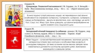 Сердюк М.
Суперлюди. Технології незламності / М. Сердюк ; іл. Л. Бельдій. -
Київ : Моя книжкова полиця, 2024. - 80 с. : іл. - (Круті знання для
пізнання)
Геддон М.
Загадковий нічний інцидент із собакою : роман / М. Геддон ; пер.
з англ. А. Рогоза; худож. обкл. Є. Сніжовий. - Харків : Клуб
Сімейного Дозвілля, 2016. - 224 с. : іл.
В книзі подано історії реальних людей, які перетворили свої фізичні
особливості на справжню суперсилу. Суперноги, супероко, супервухо,
серце на батарейках - звучить як фантастика, але, насправді, це життя
Русі, Саші, Іллі, Маші, Ерін. Вони доводять, що фізичні випробування не
здатні зламати силу людського духу.
Марк Геддон – сучасний британський письменник, пропонує досить
непересічну історію про хлопчика з особливостями розвитку й
розладами поведінки. Ця тема останнім часом хвилює авторів і вони
намагаються допомогти суспільству зрозуміти дітей, яким важко
взаємодіяти із зовнішнім світом.
 