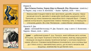 Паласіо Р. Дж.
Диво : світовий бестселер / Р. Дж. Паласіо ; пер. з англ. С. Колесник. -
Харків : Віват, 2016. - 368 с.
"Диво" — дебютний роман Р. Дж. Паласіо, який побачив світ в лютому
2012 року. Це історія 10-річного Огеста Пуллмена, який від народження
страждає на рідкісну форму генетичної мутації: у хлопчика практично
немає обличчя. Справжні випробування починаються, коли хлопець йде
до п’ятого класу у звичайнісіньку школу, де на нього чекають нові
труднощі, знайомства та ще багато чого.
Ририх К.
Про Стівена Гокіна, Чорну Діру та Мишей-Під-Підлогою : повість /
К. Ририх ; пер. з пол. Б. Антоняк. - Львів : Урбіно, 2016. - 160 с.
Зворушлива й мудра повість про зростання, дружбу, родину, перші
несміливі почуття, звичайні й незвичайні проблеми щоденного життя.
Прикутий до ліжка таємничою хворобою його старший брат - Стефан
навчив хлопця всього, відкрив йому чимало таємниць світу, а передусім –
спонукав думати. Він стає Пйотреком – самостійним і незалежним.
 