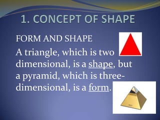 FORM AND SHAPE
A triangle, which is two
dimensional, is a shape, but
a pyramid, which is three-
dimensional, is a form.
 