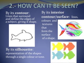 By its contour:               By its interior
Lines that surround           contour/surface: lines,
and define the edges of
a subject, giving it shape.   colours and
                               textures
                              that
                              form the
                              surface
                               of a shape.


By its silhouette:
representation of the shapes
through a single colour or tone.
 