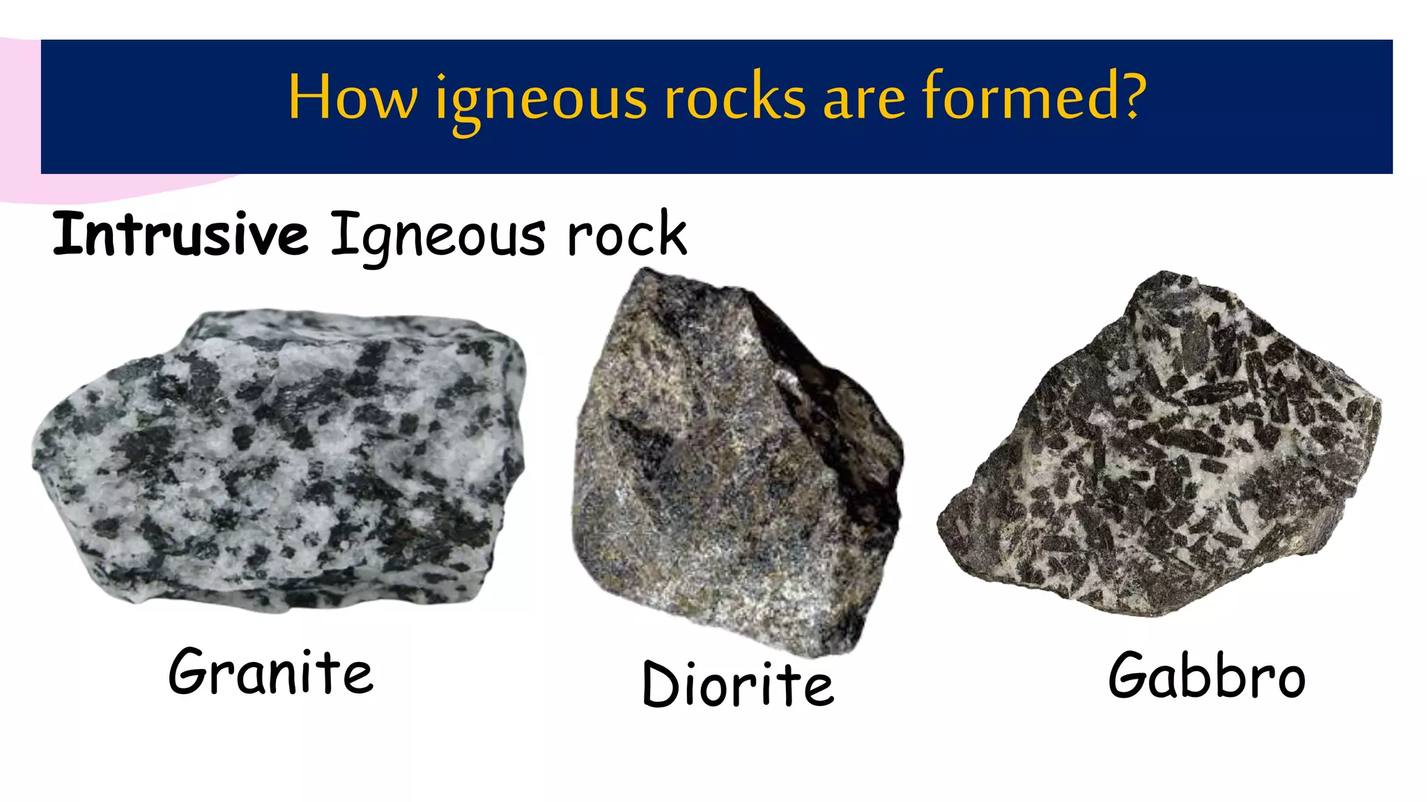 How igneous rocks are formed?
Diorite
Granite Gabbro
Intrusive Igneous rock
 