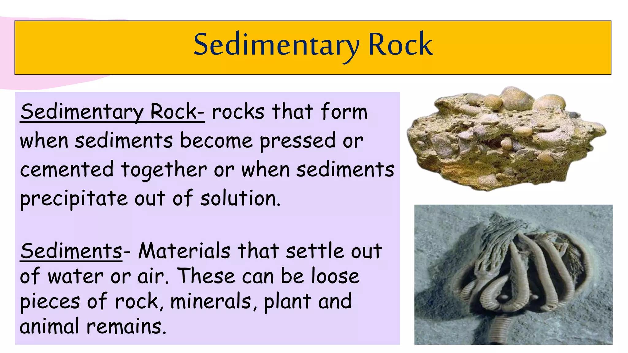Sedimentary Rock
Sedimentary Rock- rocks that form
when sediments become pressed or
cemented together or when sediments
precipitate out of solution.
Sediments- Materials that settle out
of water or air. These can be loose
pieces of rock, minerals, plant and
animal remains.
 