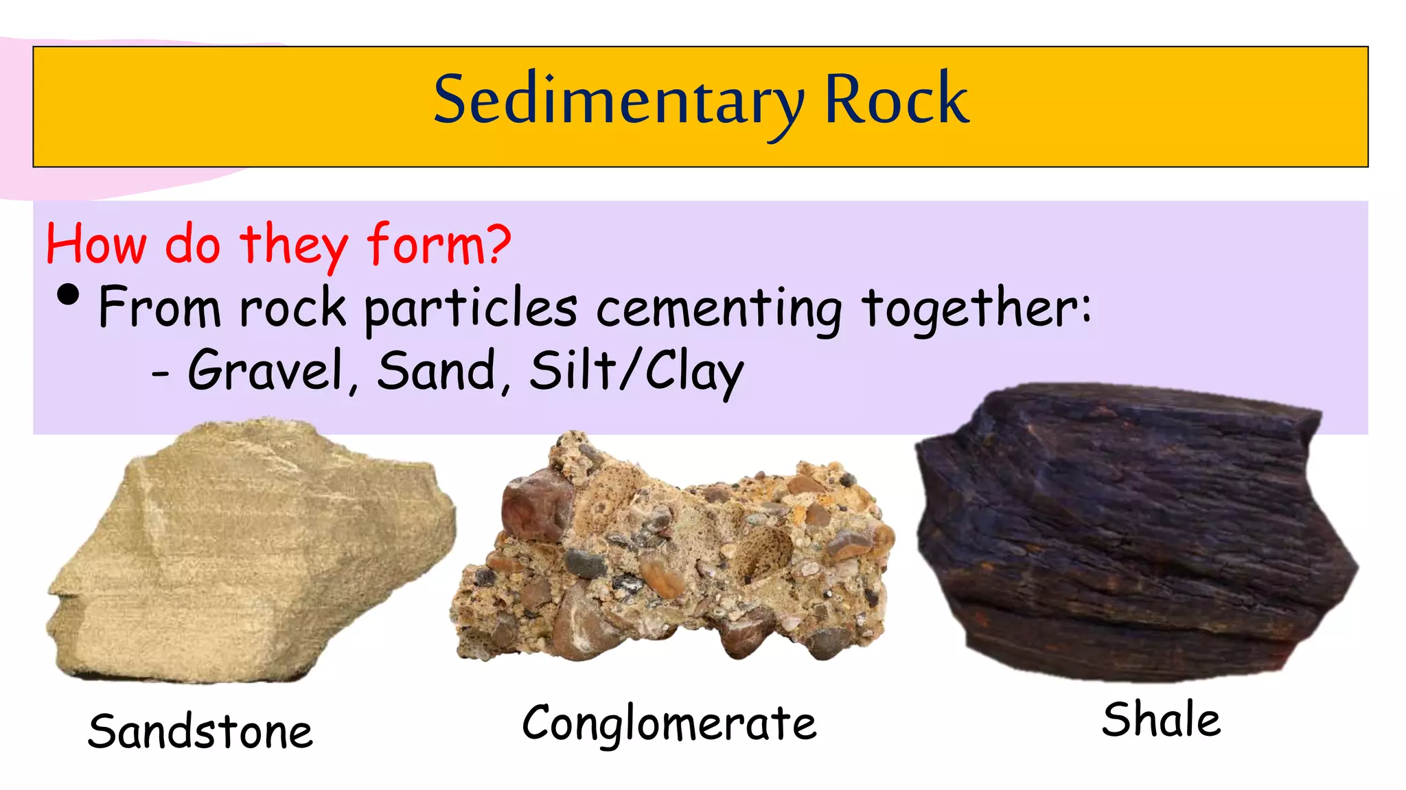 Sedimentary Rock
How do they form?
•From rock particles cementing together:
- Gravel, Sand, Silt/Clay
Sandstone Shale
Conglomerate
 